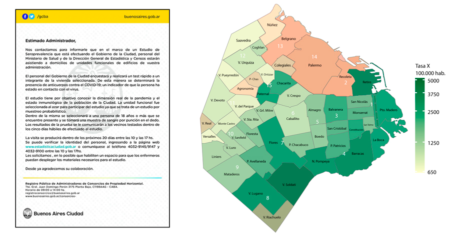 Circular que distribuy el RPA entre los administradores y mapa de la tasa por 100 mil habitantes de casos confirmados de COVID 19 segn barrio de residencia. Teidas de rosa las comunas que no seran relevadas.