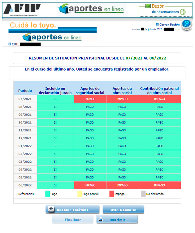 En la tabla se aprecia que en julio del ao pasado no se pagaron los aportes y contribuciones en rojo. Sin embargo se presentaron todas las declaraciones juradas.