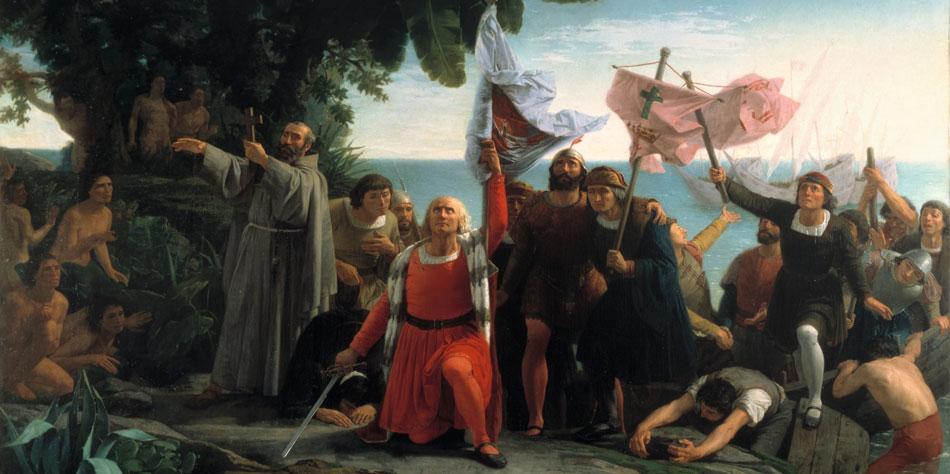 El desembarco de la tripulación de Cristóbal Colón en América según Gant Dióscoro Puebla (1831-1901) Colección, Museo del Prado.