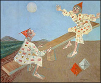 Payasitos en subibaja de Cndido Portinari, leo sobre madera, 1957.