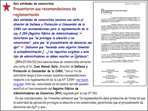 Seis entidades de consorcistas se unieron para elaborar sus recomendaciones de la Ley 3.254. ADEPROH no fue invitado y UCRA no firm.