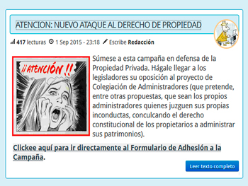 Nota de la Liga del Consorcista de la Propiedad Horizontal llamando a adherir a la campaa contra la colegiatura.